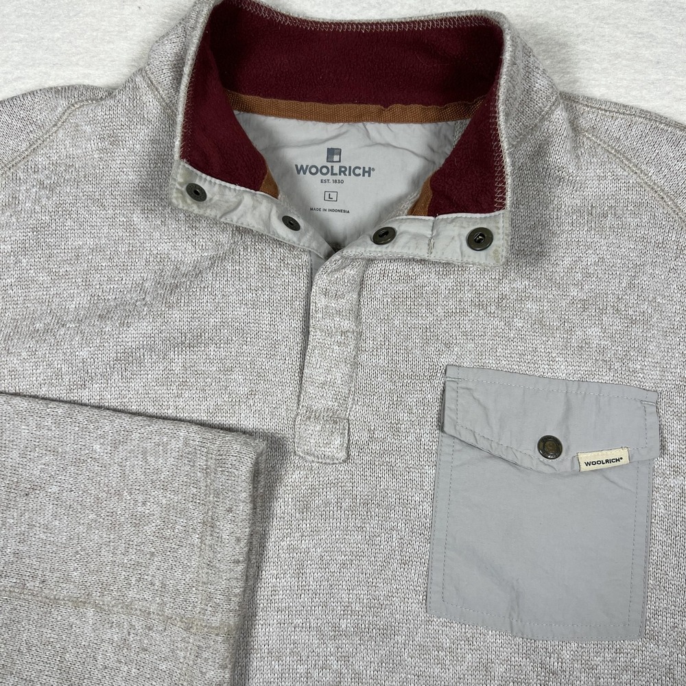 Woolrich Sweater Mens Large Gray Fleece Snap Mock Neck Chest Pocket Pullover